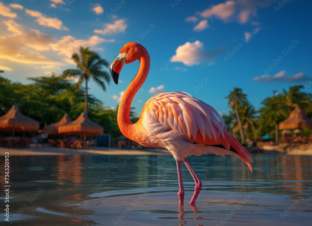 Fototapeta premium Pink flamingo standing in the water on a beautiful tropical beach.