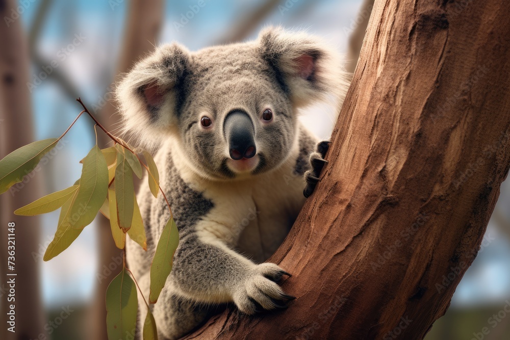 Obraz premium A koala clinging to a eucalyptus tree, AI generated
