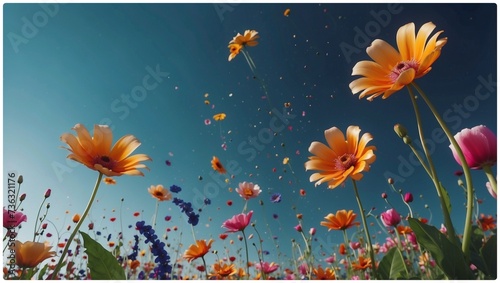 3d render of beautiful flying flowers scene