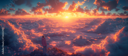a person on top of a mountain looking at the view, clouds at sunset