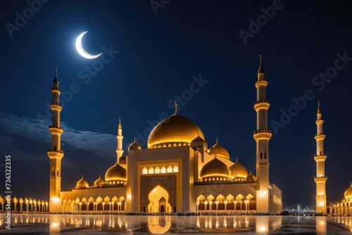 a serene Ramadan night with the crescent moon, mosque, and stars by ai generated