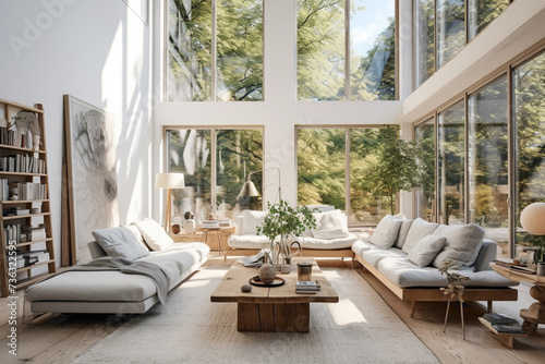 A light-filled Scandinavian living room with tall ceilings, featuring floor-to-ceiling windows, allowing natural light to flood the space and create an open and airy ambiance.