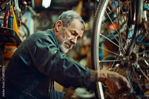Senior man working in a biking repair shop. photo