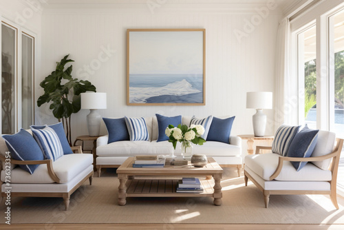 A living room bathed in natural light, featuring navy and white decor elements inspired by the sea, creating a timeless and inviting space for the ultimate summer retreat © INAYAT