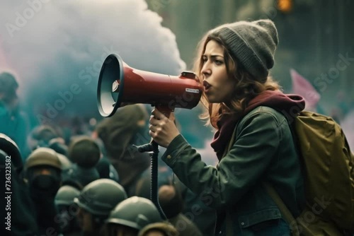 Young adult female feminist demonstrate. Social message. Crowd of people on street by day.
