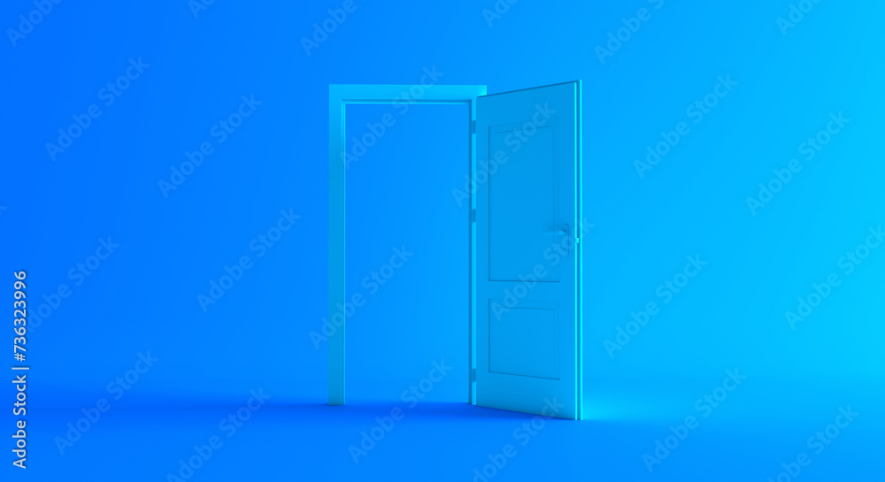 Open the door. Blue door, open entrance in blue background room. Architectural design element. Modern minimal concept. Opportunity metaphor.