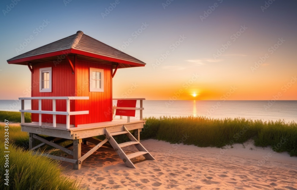 Capture the picturesque summer sunset, adorned by a lifeguard hut, creating a perfect coastal paradise scene by ai generated Capture the picturesque summer sunset, adorned by a lifeguard hut, creating a perfect coastal paradise scene by ai generated