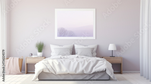 A minimalist bedroom with a blank white empty frame, showcasing a serene landscape photograph in soothing pastel tones. © INAYAT