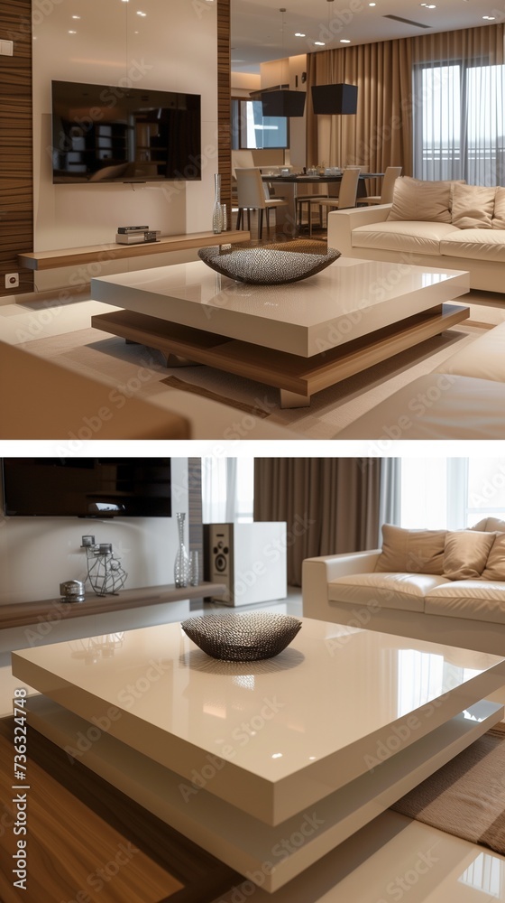 A contemporary coffee table with clean lines and a polished finish, complementing a modern living room design.