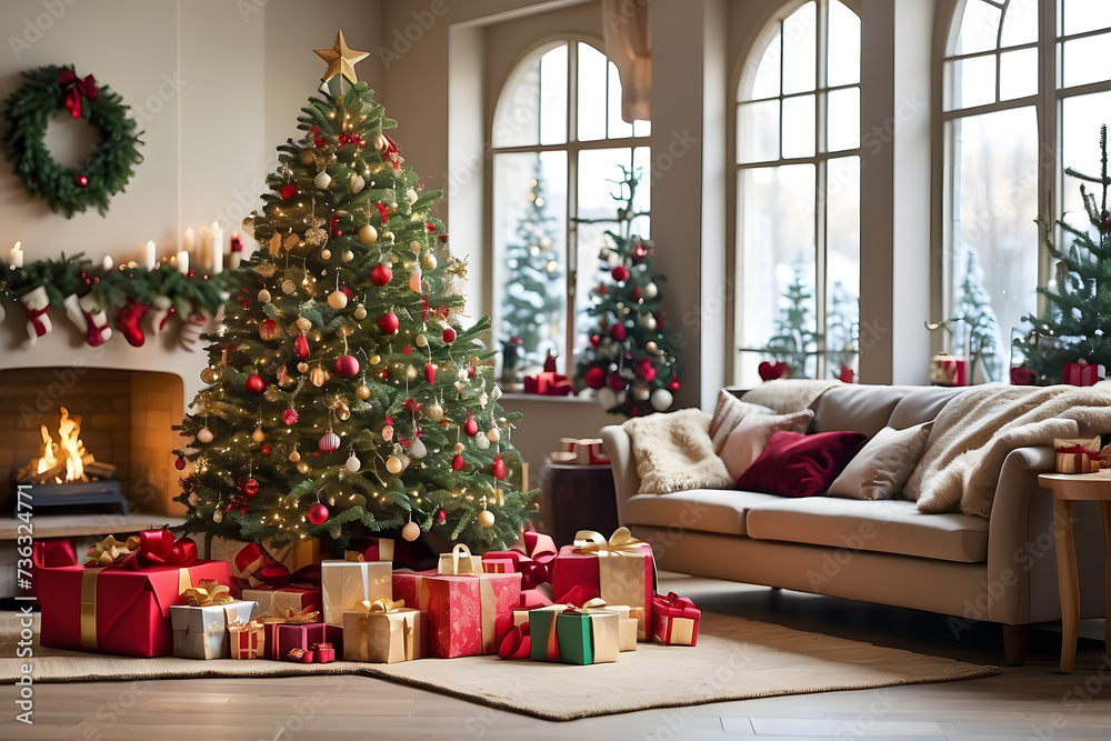 Christmas tree in the living room with gifts and decorations design.