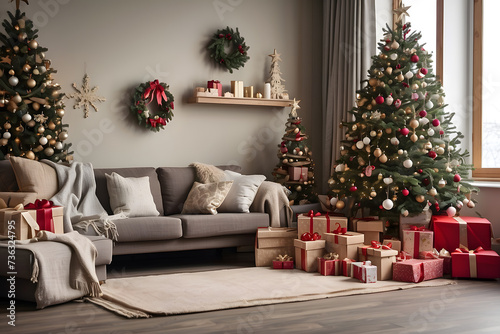 Christmas tree in the living room with gifts and decorations design.