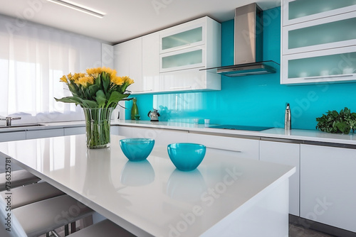 A minimalist kitchen design with a clean white backdrop accented by bursts of vibrant turquoise in its decorative elements.