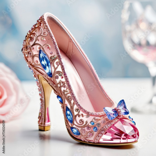 Cinderella's pink crystal shoe, adorned with sparkling glitters by ai generated