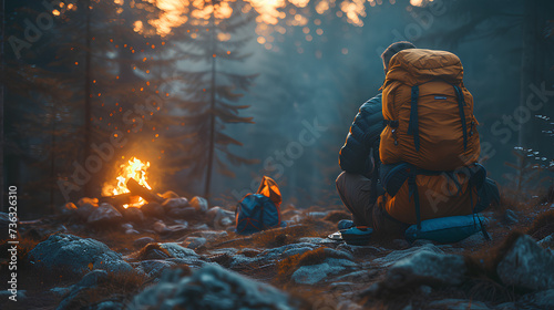 photo of a climber camping in the middle of the forest