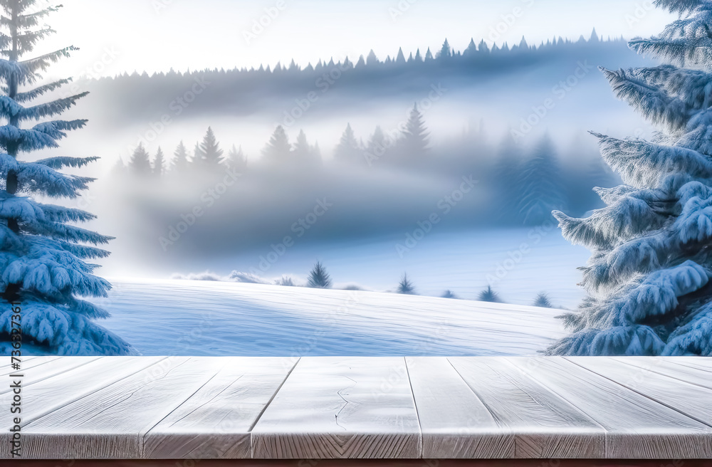Empty wooden table with copy space for product presentation against blurred winter landscape background. Empty wooden table with copy space for product presentation against blurred winter landscape background.