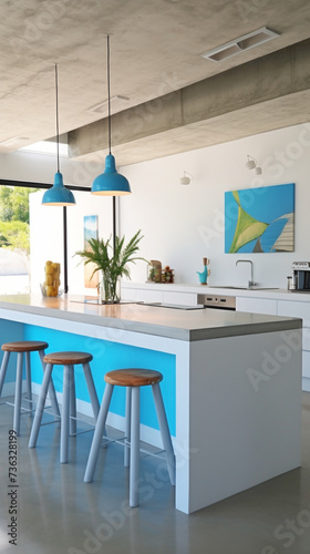 A minimalist kitchen featuring white walls, a concrete island, and pops of vibrant blue in the decor.