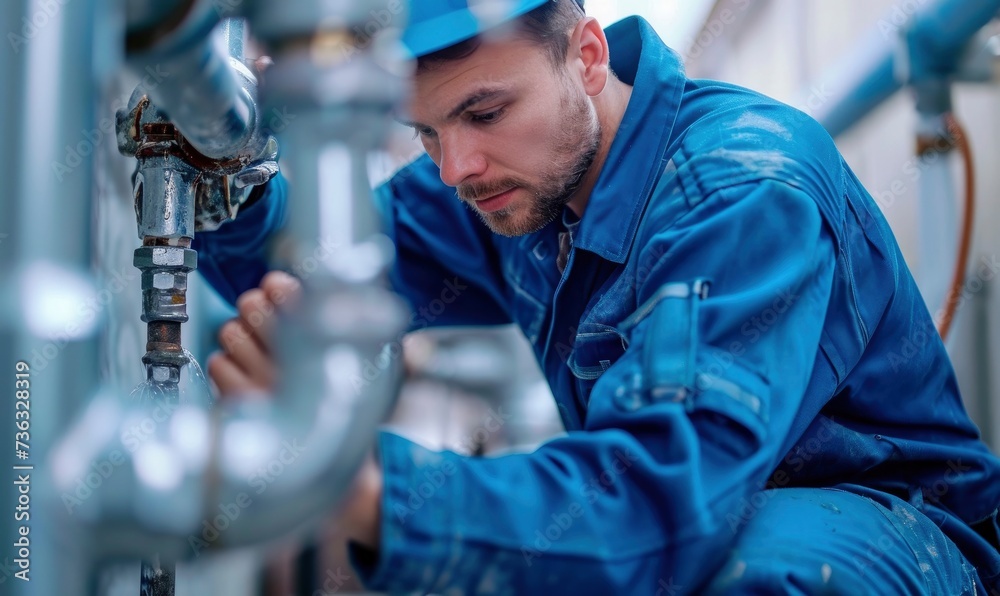 Plumber in blue suit checking or fixing water tubes in heating system in technician room