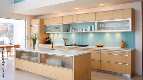 A minimalist kitchen featuring clean lines  light wood cabinets  and a splash of aqua blue on the backsplash.