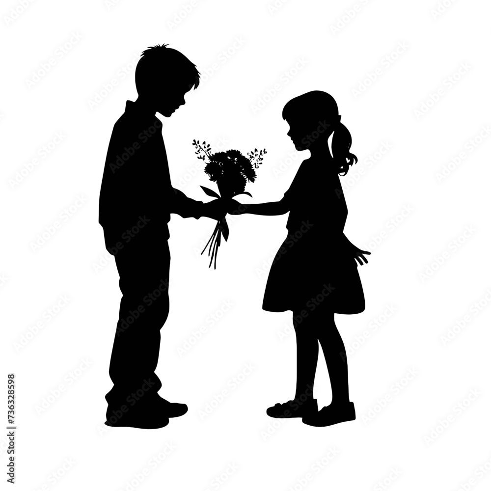 little boy giving flower to little girl in silhouette
