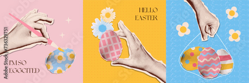 Contemporary art halftone collage set of hand holding a painted eggs. Easter sweets and egg hunt concept. Vector y2k pop art illustration.