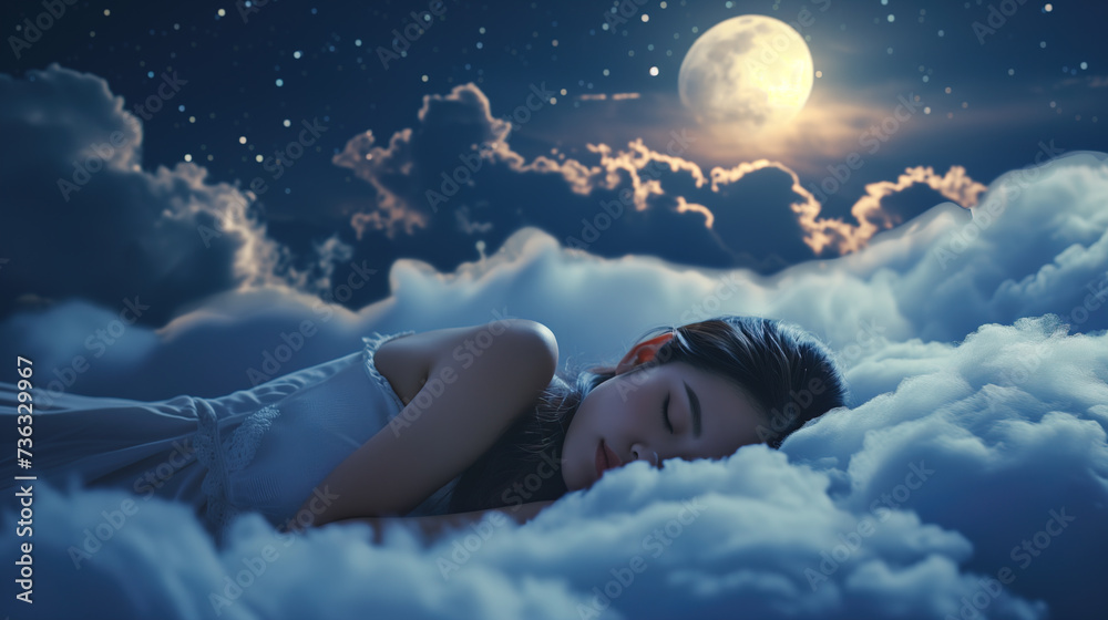 asian woman sleeping peacefully on soft clouds in the sky at night under moon light asian woman sleeping peacefully on soft clouds in the sky at night under moon light