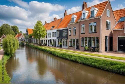 Scenic homes by river dikes near Sleeuwijk picturesque waterside dwellings in serene surroundings by ai generated photo