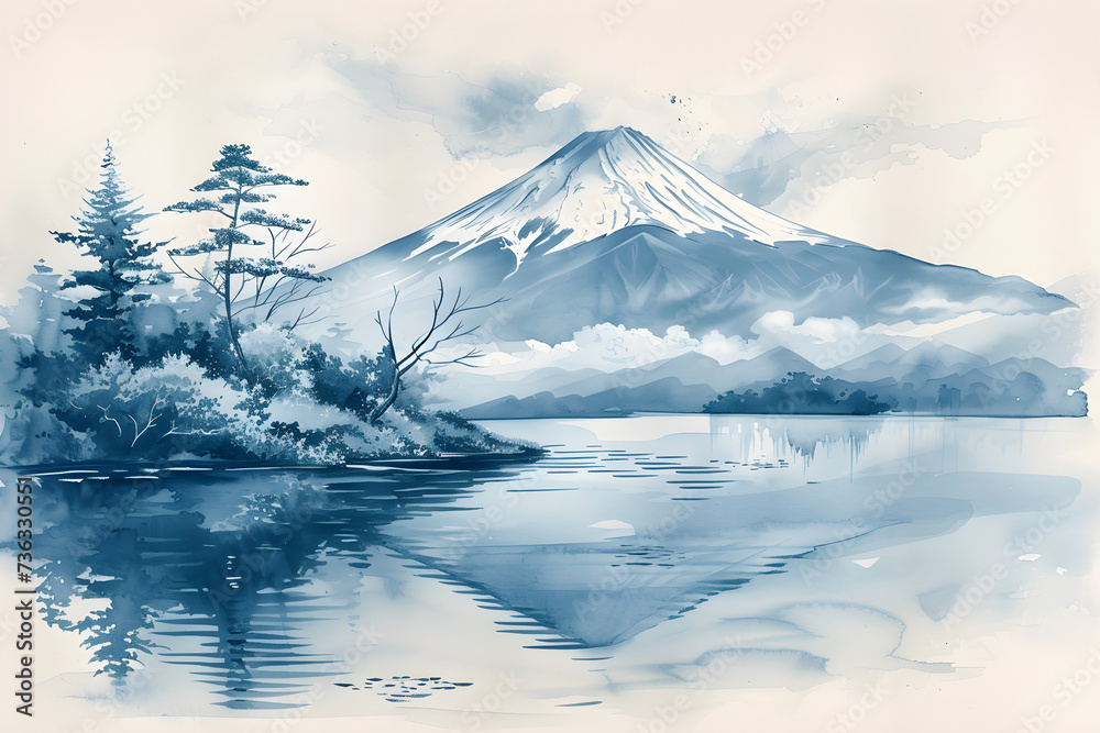 Japanese ancient drawing style of landscape with Fuji mountain featured