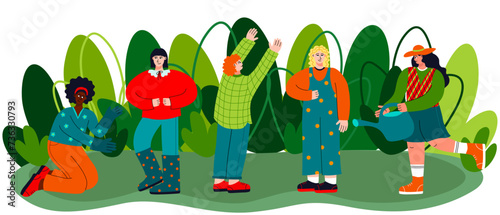 A set of women who are about gardening. Colorful hand-drawn vector illustration of a trendy female with a greenery background. 