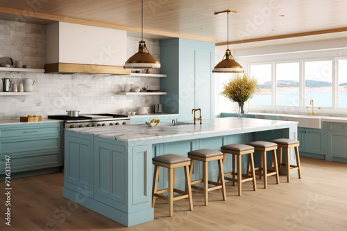 A minimalist kitchen showcasing a serene aqua blue island amidst an otherwise neutral color palette, offering a touch of vivid contrast. © Usman