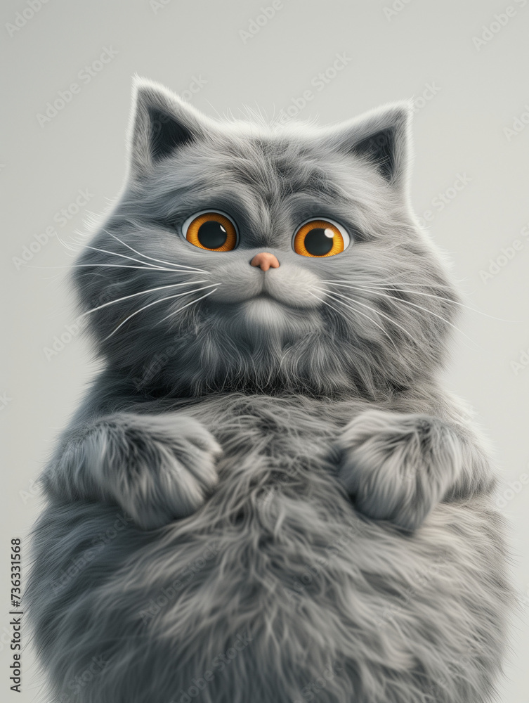 Adorable Fluffy Grey Cat with Piercing Orange Eyes