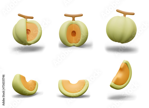 Ripe melon with cut off slice. Set of realistic objects, front and side view