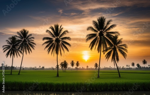Sugar palm trees grace the paddy field, casting enchanting silhouettes against the vibrant hues of sunset