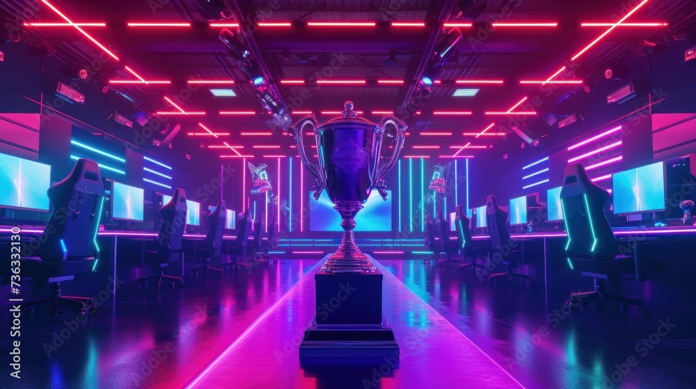 eSports championship trophy glowing in victory on gaming table eSports championship trophy glowing in victory on gaming table