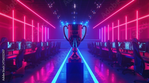 eSports championship trophy glowing in victory on gaming table © David