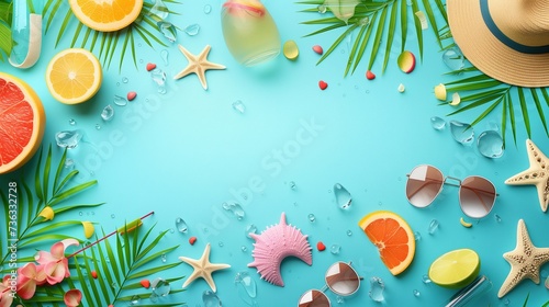 A lively arrangement featuring beach accessories, fresh citrus slices, and tropical elements, artistically laid out on an aqua blue backdrop, evoking a fresh, summery feel