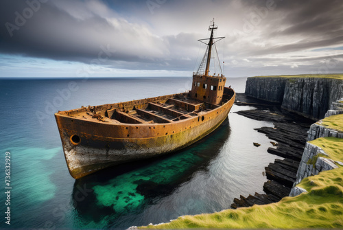 shot of the hauntingly beautiful Plassy shipwreck. contrasting rusted remains against the picturesque Aran Islands backdrop by ai generated