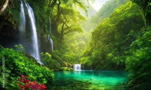 Jungle waterfall cascade in tropical rainforest  amazing nature