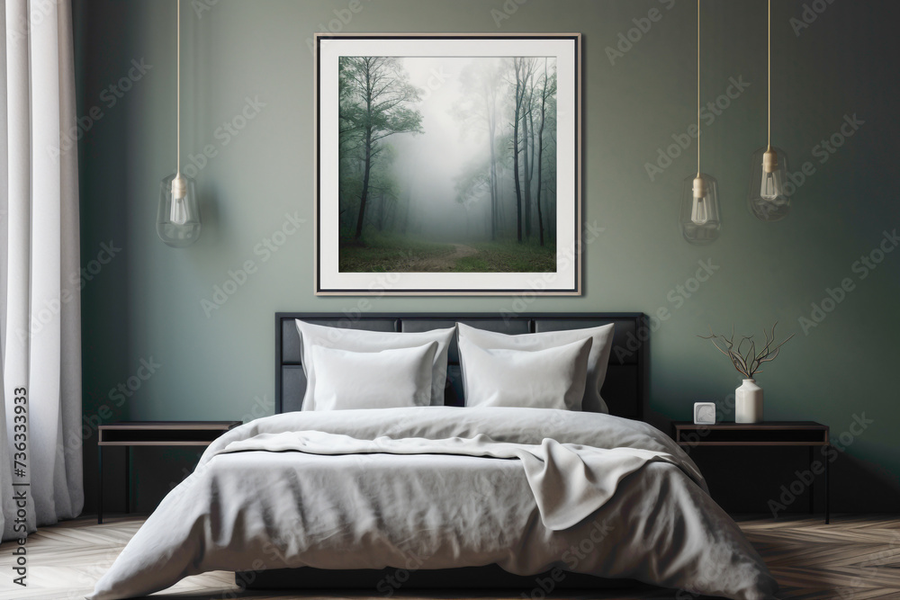 A harmonious blend of minimalism and color, a bedroom with an empty frame against a backdrop of serene, nature-inspired tones.