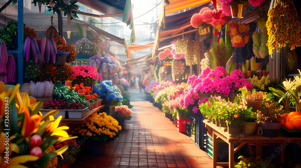 Small business, flower shop and customer service. Outdoor flower market with mimosa, ranunculuses. Flower market with fresh flowers pots for sale. Small business, flower shop and customer service