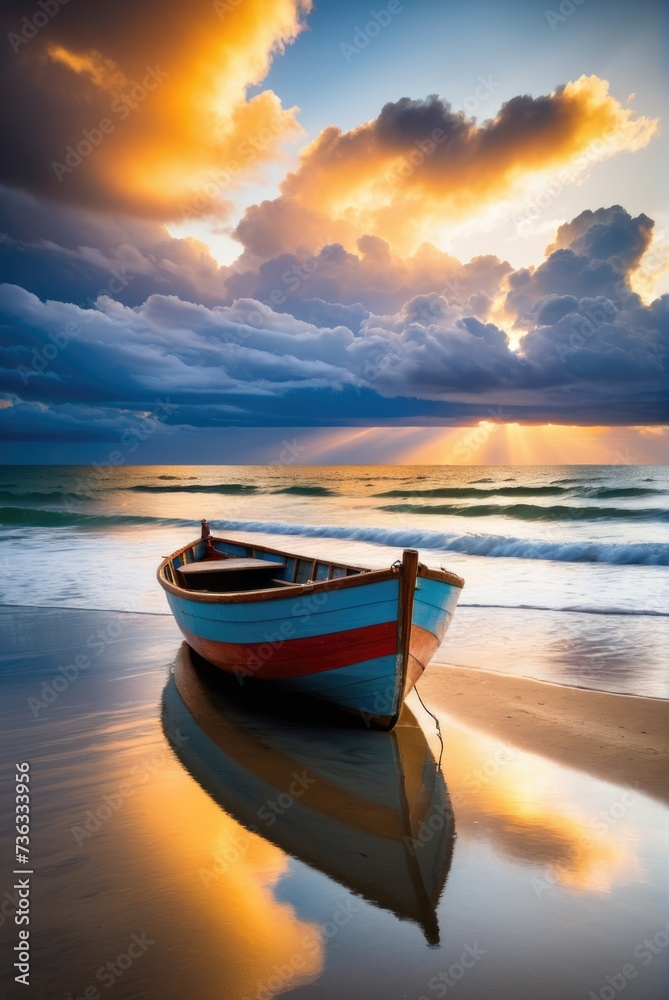 Wooden boat close-up beach scene, sea surroundings, and cloudy sunset ambiance by ai generated