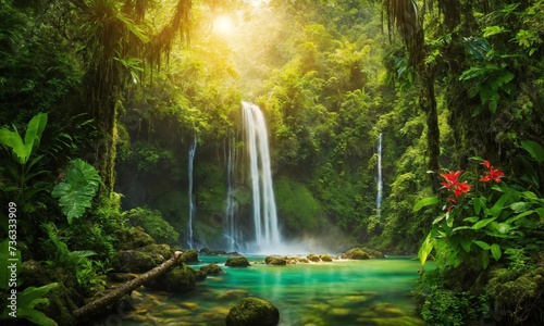 Jungle waterfall cascade in tropical rainforest  amazing nature