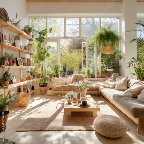 A harmonious blend of nature and modernity in a Scandinavian living room, featuring indoor plants, large windows, and natural materials for a refreshing ambiance.