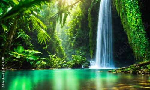 Hidden rain forest waterfall with lush foliage and mossy rocks, amazing nature