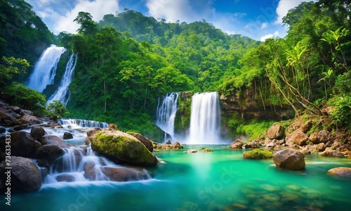 Hidden rain forest waterfall with lush foliage and mossy rocks, amazing nature