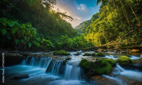 Hidden rain forest waterfall with lush foliage and mossy rocks  amazing nature