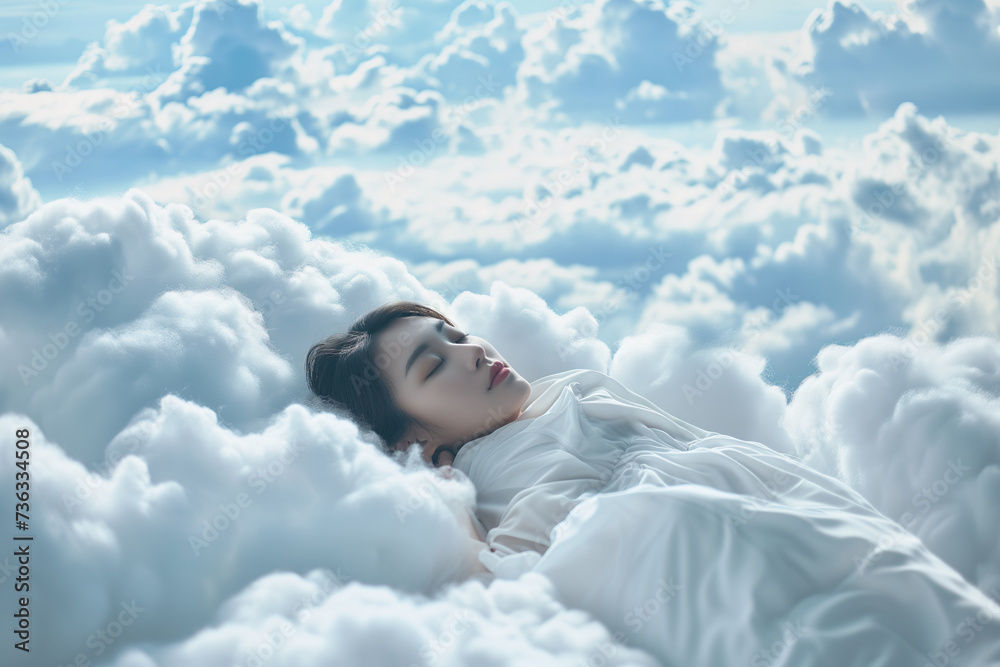 asian woman sleeping peacefully on soft clouds in the sky asian woman sleeping peacefully on soft clouds in the sky