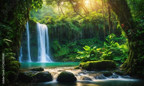 Hidden rain forest waterfall with lush foliage and mossy rocks  amazing nature