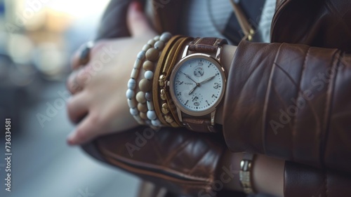 Elegant Wristwatch and Bracelets on a Woman's Wrist,combining functionality and fashion in everyday wear