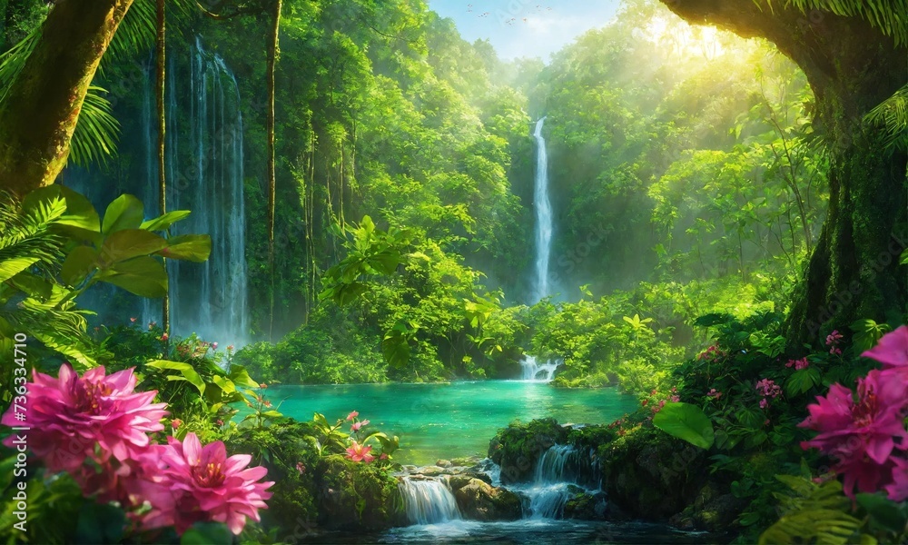 Hidden rain forest waterfall with lush foliage and mossy rocks, amazing nature Hidden rain forest waterfall with lush foliage and mossy rocks, amazing nature