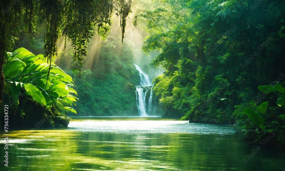 Hidden rain forest waterfall with lush foliage and mossy rocks, amazing nature